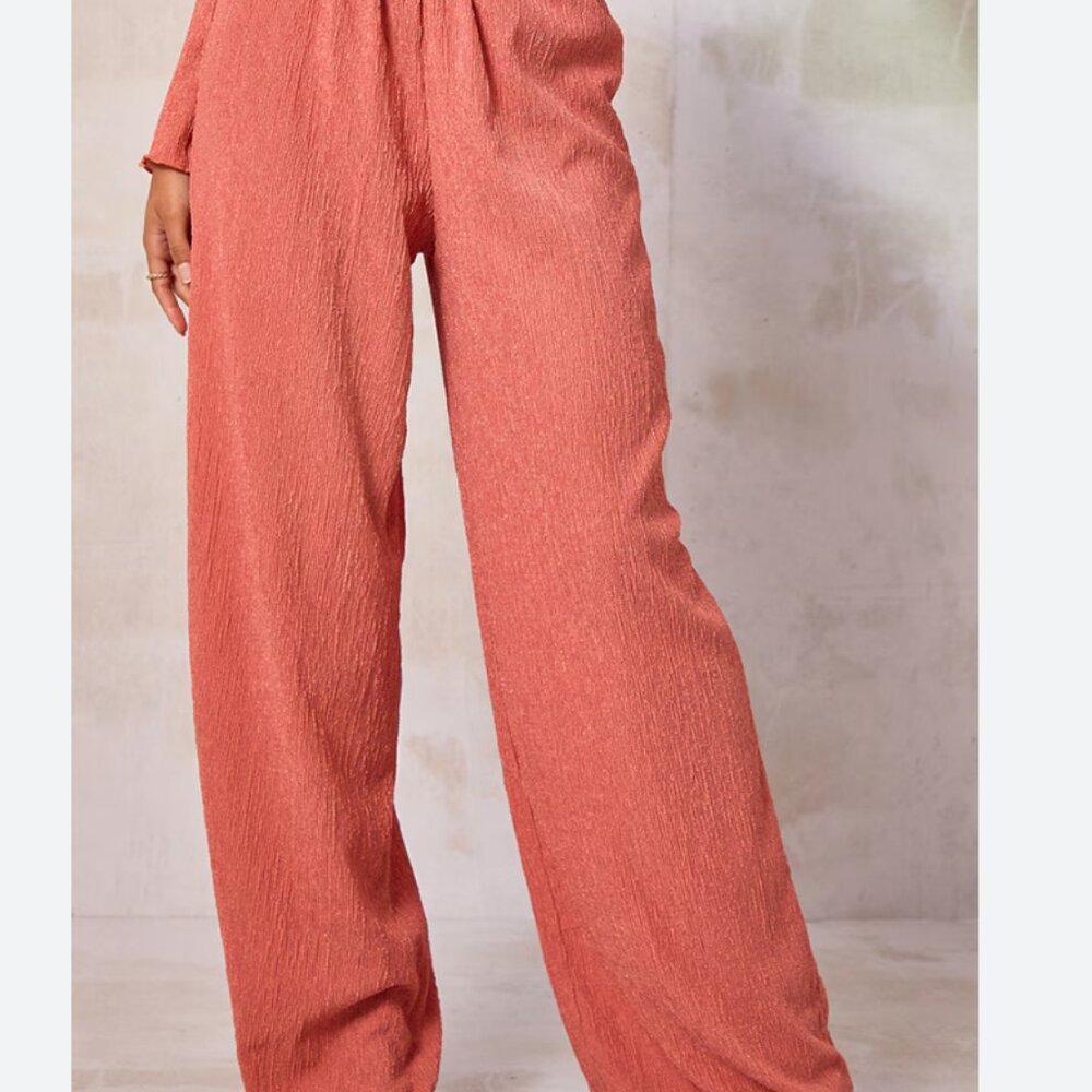 Pretty Little Thing Dusty Rose Crinkle Textured Button Front Wide Leg Pants Sz 2